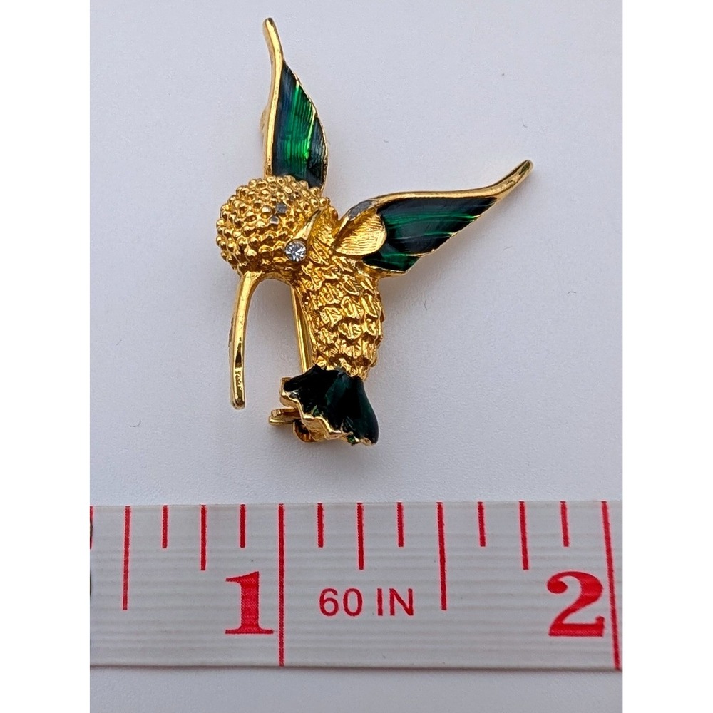 Vintage Gold Tone Green Enamel Hummingbird Brooch Pin Rhinestone Accents